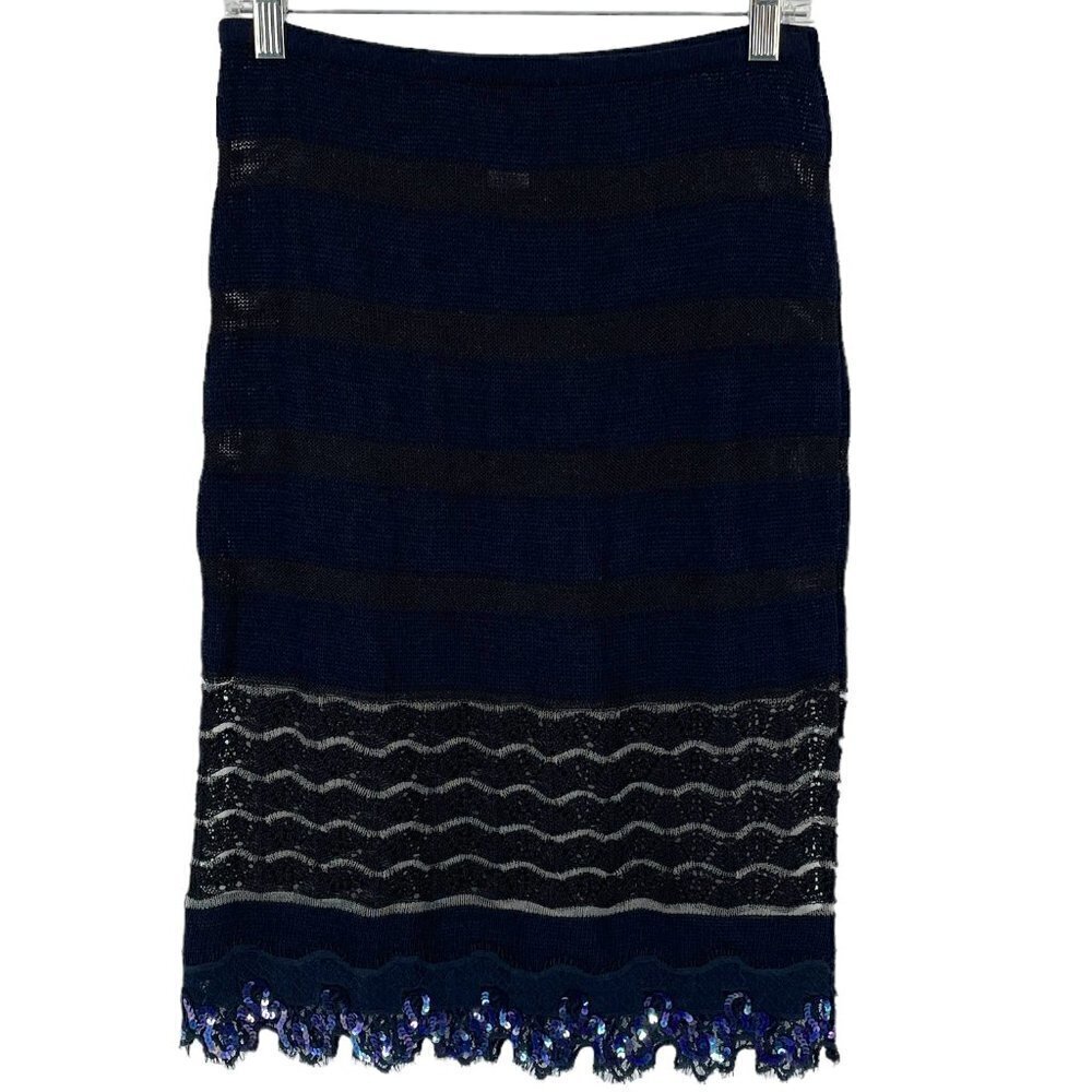 Christian Lacroix Vintage Navy Black Stripe Knit Pencil Skirt Lace Sequin Trim S - Picture 2 of 10